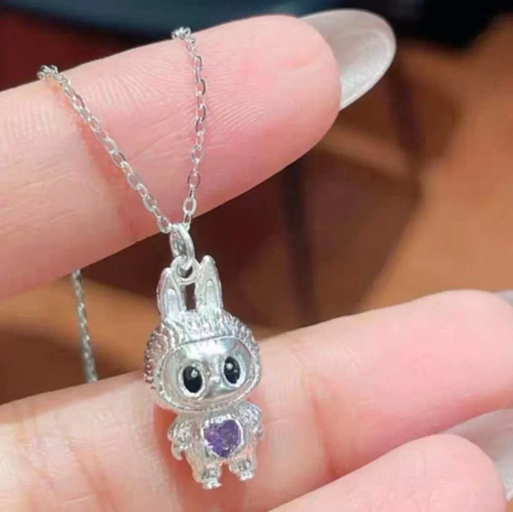 Labubu Inspired 925 Sterling Silver Purple Heart Necklace Artisan Edition